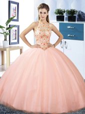Best Halter Top Sleeveless Tulle Floor Length Lace Up Sweet 16 Dresses in Peach for with Embroidery