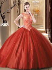 Custom Design Scoop Tulle Sleeveless Ball Gown Prom Dress Brush Train and Beading
