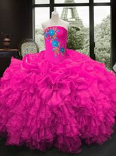 On Sale Floor Length Lace Up Vestidos de Quinceanera Fuchsia and In for Military Ball and Sweet 16 and Quinceanera with Embroidery and Ruffles
