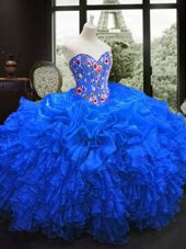 Modest Sweetheart Sleeveless Organza Quinceanera Gowns Embroidery and Ruffles Lace Up