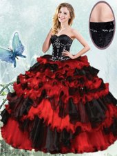 Red And Black Sweetheart Lace Up Beading and Ruffled Layers Vestidos de Quinceanera Sleeveless