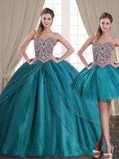 Attractive Three Piece Tulle Sleeveless With Train Quinceanera Gown Brush Train and Beading