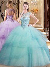 Scoop Sleeveless Beading and Ruffled Layers Lace Up Sweet 16 Dress with Light Blue Brush Train