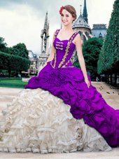 White And Purple Vestidos de Quinceanera Military Ball and Sweet 16 and Quinceanera and For with Beading and Ruffles and Pick Ups Straps Sleeveless Brush Train Lace Up