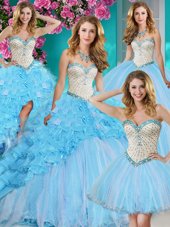 Simple Four Piece Organza Sweetheart Sleeveless Brush Train Lace Up Beading and Ruffles Sweet 16 Dresses in Baby Blue