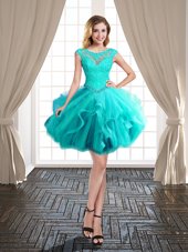 Discount Scoop Cap Sleeves Lace Up Mini Length Beading and Ruffles Juniors Party Dress