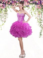 Trendy Sweetheart Sleeveless Party Dress Mini Length Beading and Ruffles Fuchsia Tulle