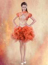 Top Selling Straps Sleeveless Custom Made Mini Length Beading and Ruffles Orange Red Organza