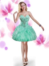 High Quality Sleeveless Organza Mini Length Lace Up Party Dress for Toddlers in Turquoise for with Beading and Ruffles