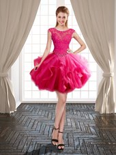Hot Pink Ball Gowns Scoop Cap Sleeves Tulle Mini Length Lace Up Beading and Ruffles Cocktail Dresses
