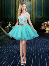 Adorable Scoop Aqua Blue Sleeveless Mini Length Lace Clasp Handle Cocktail Dresses