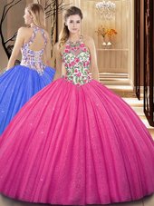 Backless Scoop Sleeveless Vestidos de Quinceanera Floor Length Embroidery and Sequins Hot Pink Tulle