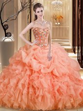 Enchanting Scoop Sleeveless Tulle Quince Ball Gowns Embroidery and Ruffles Brush Train Zipper