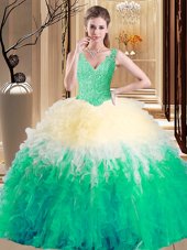 Traditional Tulle Sleeveless Floor Length Quinceanera Gowns and Lace and Appliques and Ruffles