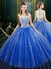 Royal Blue Ball Gowns High-neck Sleeveless Tulle Floor Length Zipper Lace Sweet 16 Dress