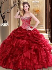 Beading and Pick Ups Vestidos de Quinceanera Red Lace Up Sleeveless Floor Length