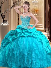 Popular Aqua Blue Sleeveless Brush Train Beading and Ruffles Quinceanera Dresses