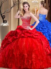 Red Ball Gowns Sweetheart Sleeveless Taffeta and Tulle Brush Train Lace Up Beading and Ruffles Ball Gown Prom Dress