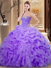 Elegant Lavender Sleeveless Floor Length Beading and Ruffles and Pick Ups Lace Up Sweet 16 Dress