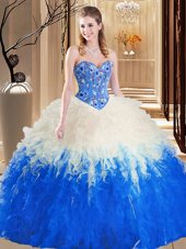 Popular Sleeveless Embroidery and Ruffles Lace Up Quinceanera Gowns