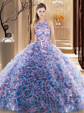 Criss Cross Multi-color 15 Quinceanera Dress Fabric With Rolling Flowers Brush Train Sleeveless Ruffles and Pattern