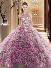 Multi-color Criss Cross Vestidos de Quinceanera Ruffles and Pattern Sleeveless Brush Train