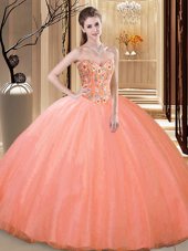 Gorgeous Floor Length Peach Quince Ball Gowns Tulle Sleeveless Embroidery