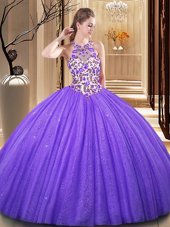 Scoop Embroidery and Sequins Quinceanera Gown Lavender Backless Sleeveless Floor Length