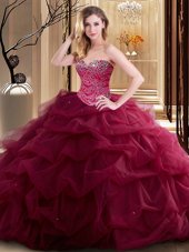 Beading and Ruffles 15th Birthday Dress Burgundy Lace Up Sleeveless Floor Length