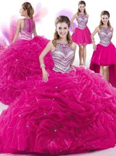 Modest Four Piece Sleeveless Organza Floor Length Zipper Quince Ball Gowns in Hot Pink for with Beading and Pick Ups
