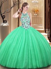 Green Sleeveless Tulle Lace Up 15th Birthday Dress for Military Ball and Sweet 16 and Quinceanera