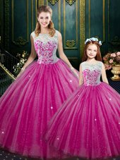Floor Length Hot Pink Quinceanera Gown Tulle Sleeveless Lace