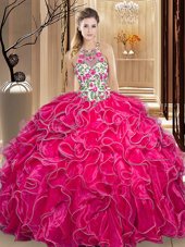 Comfortable Scoop Sleeveless Backless Sweet 16 Dresses Hot Pink Organza