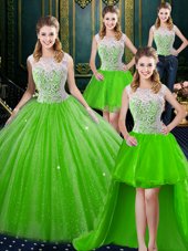Four Piece Lace Quinceanera Dress Zipper Sleeveless Floor Length Brush Train