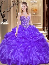 Glorious Purple Organza Lace Up Sweetheart Sleeveless Floor Length 15 Quinceanera Dress Beading and Embroidery