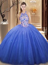 On Sale Sleeveless Floor Length Lace and Appliques Lace Up Sweet 16 Dresses with Blue