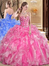 Stylish Ball Gowns Vestidos de Quinceanera Rose Pink Sweetheart Organza Sleeveless Floor Length Lace Up