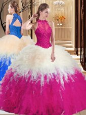 Multi-color Ball Gowns Lace and Appliques and Ruffles Sweet 16 Dresses Backless Tulle Sleeveless Floor Length