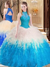Excellent Multi-color High-neck Backless Lace and Appliques and Ruffles Ball Gown Prom Dress Sleeveless