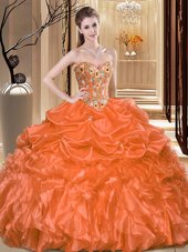 Customized Sweetheart Sleeveless Quinceanera Dresses Floor Length Embroidery and Ruffles Orange Organza