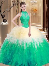 Multi-color Ball Gowns Organza High-neck Sleeveless Lace and Appliques and Ruffles Floor Length Backless 15th Birthday Dress