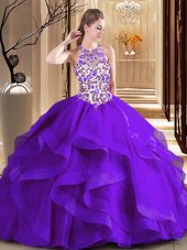 Tulle Scoop Sleeveless Brush Train Lace Up Embroidery Quinceanera Dresses in Purple