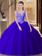 Best Royal Blue V-neck Neckline Lace and Appliques and Pick Ups Ball Gown Prom Dress Sleeveless Backless