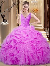 Multi-color Tulle Zipper V-neck Sleeveless Floor Length Quinceanera Gowns Lace and Appliques and Ruffles