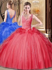 Dazzling Scoop Coral Red Organza Backless Sweet 16 Dress Sleeveless Floor Length Embroidery and Ruffles
