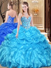 Fashionable Sleeveless Floor Length Lace and Appliques Lace Up Quinceanera Dresses with Aqua Blue