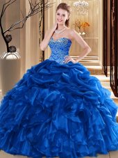 Floor Length Royal Blue Quinceanera Gowns Organza Sleeveless Beading and Pick Ups