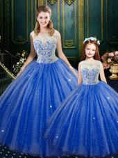 Sleeveless Floor Length Lace Zipper Ball Gown Prom Dress with Royal Blue