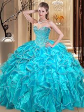 Fitting Floor Length Aqua Blue 15 Quinceanera Dress Organza Sleeveless Beading and Ruffles