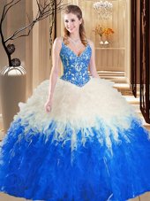 Top Selling Blue And White Straps Lace Up Lace and Ruffles 15 Quinceanera Dress Sleeveless